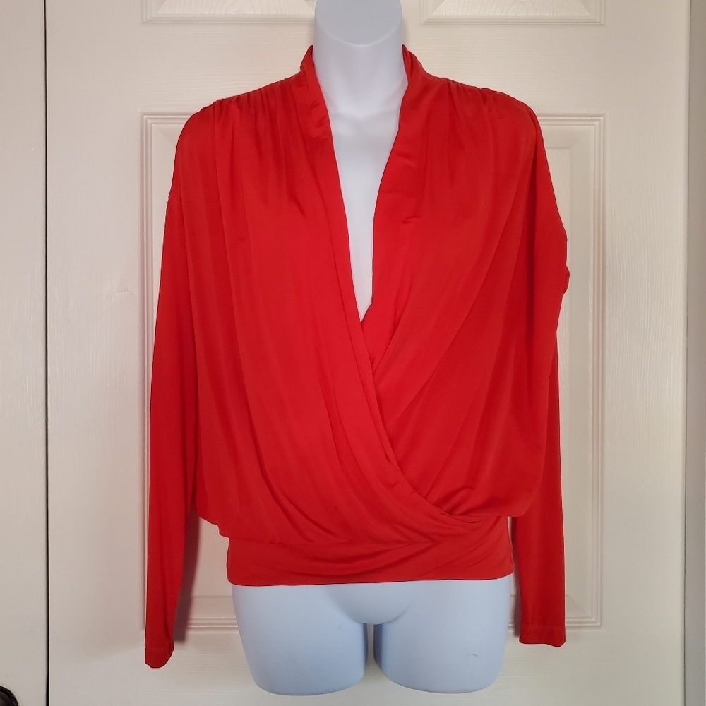 Young Fabulous Broke Pullover Wrap Red Top Long Sleeve V-neck Drape Size Small